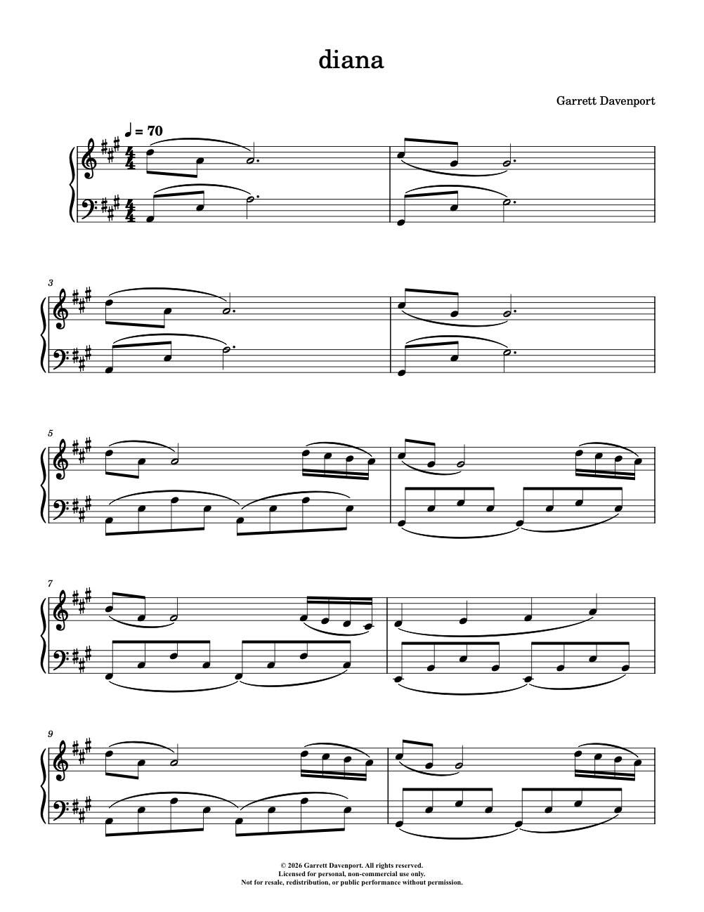 Sheet music for 'diana' by Garrett Davenport on white background