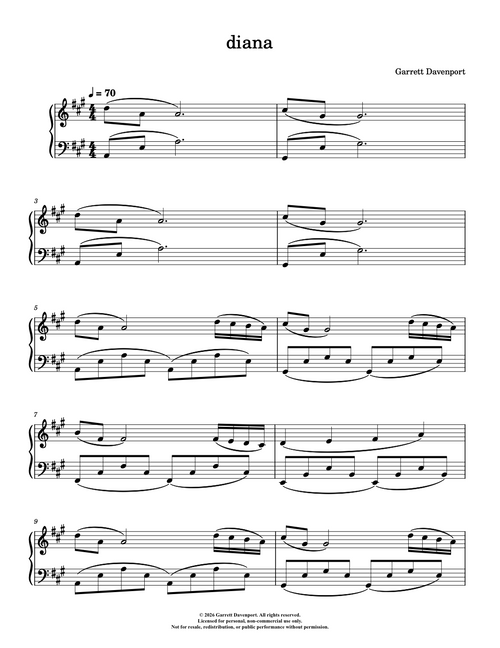 Sheet music for 'diana' by Garrett Davenport on white background