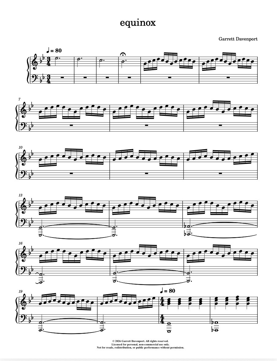 Sheet music for 'equinox' by Garrett Davenport on white background.