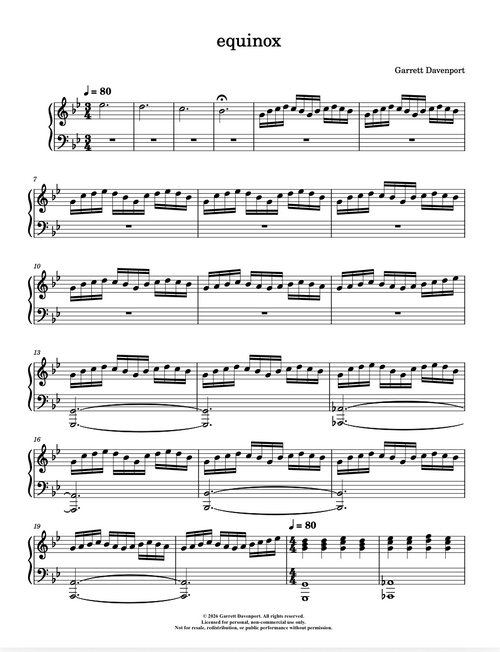Sheet music for 'equinox' by Garrett Davenport on white background.