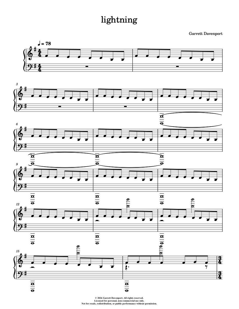 Sheet music for a piece titled 'lightning' by Garrett Davenport on white background.