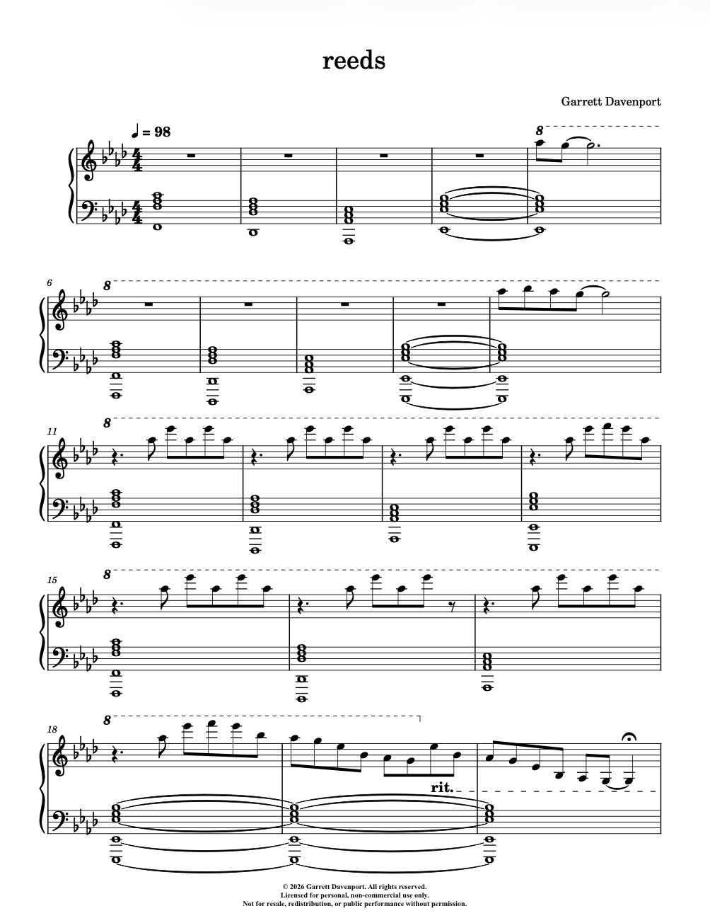 Sheet music for 'reeds' by Garrett Davenport on white background