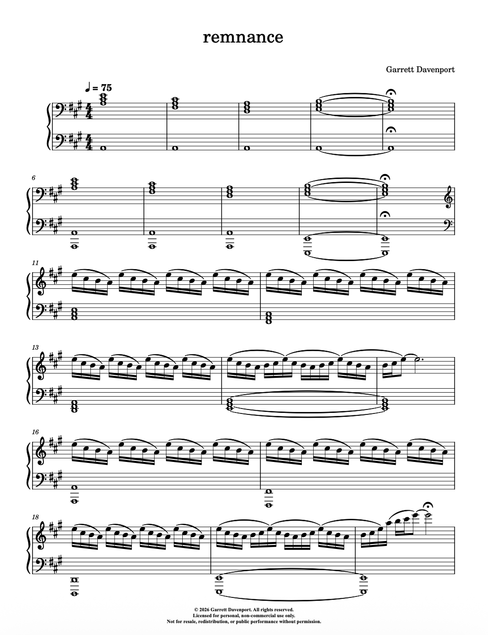 Sheet music for 'remnance' by Garrett Davenport on white background