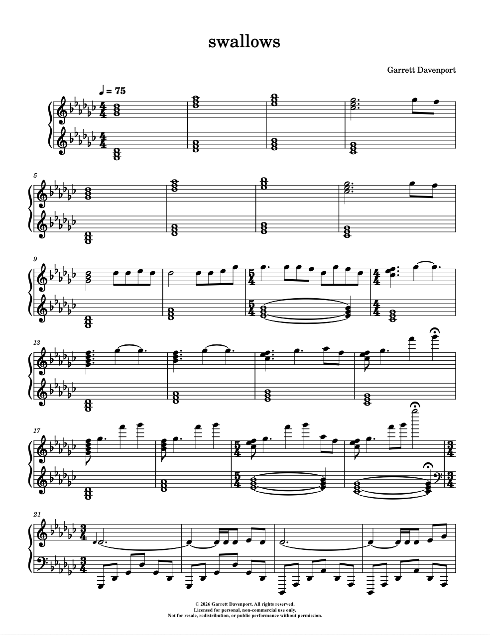 Sheet music for 'swallows' by Garrett Davenport on white background