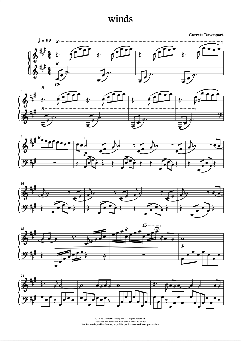Sheet music for 'winds' by Garrett Davenport on white background
