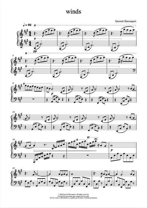 Sheet music for 'winds' by Garrett Davenport on white background